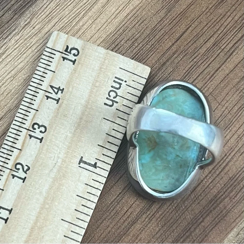 VINTAGE Turquoise Ring Size 7 Solid Sterling Silver 925 Chunky Ring - Picture 9 of 11